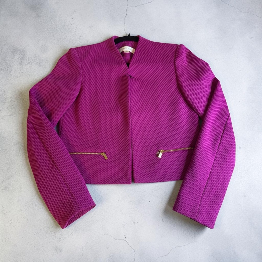 Calvin Klein Women Magenta Basketweave Cropped Blazer Jacket Pink Size 0